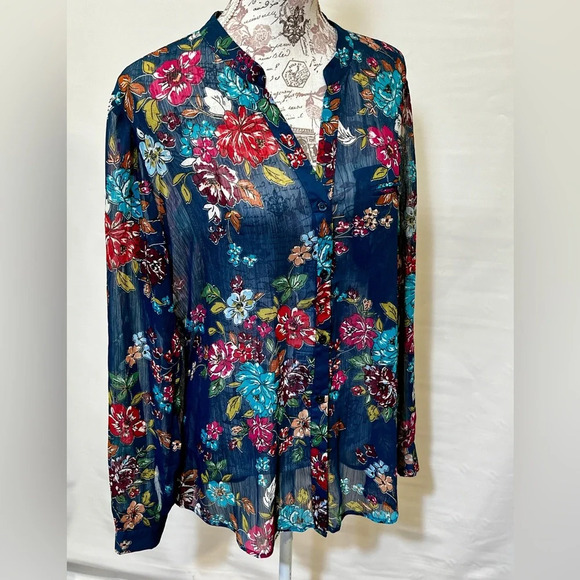 KUT FROM THE KLOTH Navy floral sheer long sleeve top‎ size XL. - Picture 8 of 13